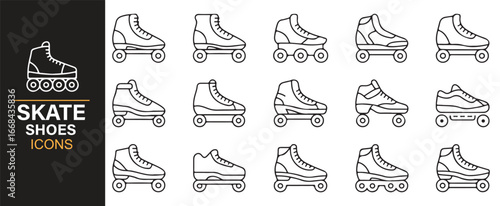 Skating shoes icon set featuring quad skates, inline skates, and roller boots in minimalist style.