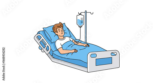 A young patient lies in a hospital bed receiving intravenous fluids, looking unwell.
