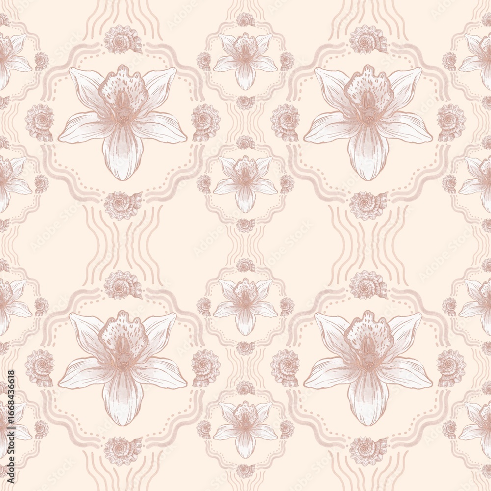 Obraz premium Seashell Pattern Seashell Bow Pattern, Vintage Nautical Seamless Digital Paper, Ocean Beach Clipart, Coastal Shell Design, Cute Summer Printable