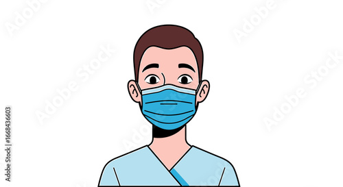 Cartoon illustration of a person wearing a protective face mask and scrubs.