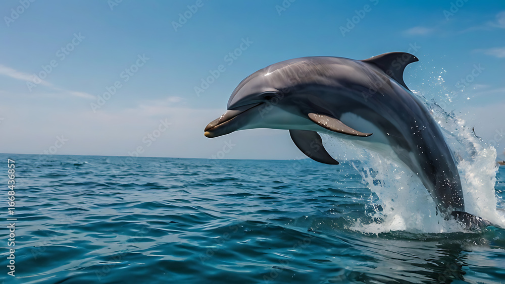 Fototapeta premium Graceful Power of Dolphins in Mid-Air Leaps Against Coastal Backdrops—Capturing Marine Beauty, Natural Motion, and Wildlife Wonder Stunning Ocean Scene Perfect for Nature Lovers, 4K image 