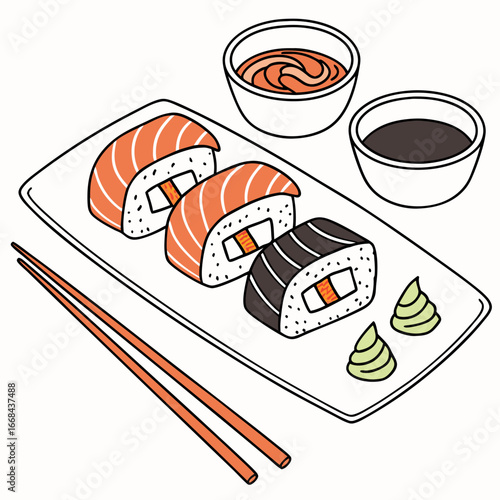A plate of sushi in cartoon style illustration