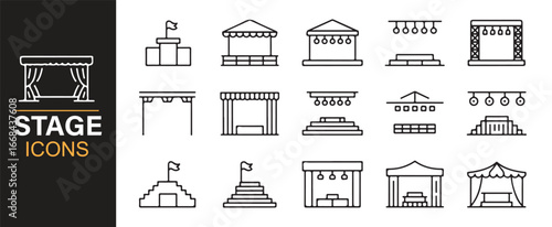 Collection of vector stage icons featuring setups for drama, concerts, and live shows.