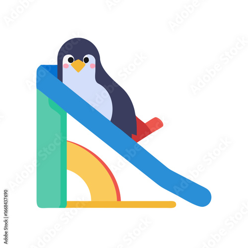 Cartoon penguin sliding down a colorful playground slide  