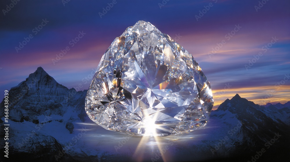 Obraz premium conceptual illustration where a snowy mountain peak is depicted as a giant, crystalline jewel. The light from the setting sun passes through the crystal, creating a beautiful prism effect on 