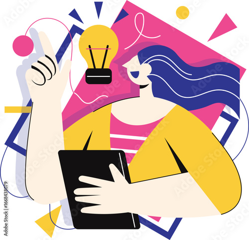 Flat Design Illustration of Woman Holding Tablet with Creative Idea Lightbulb