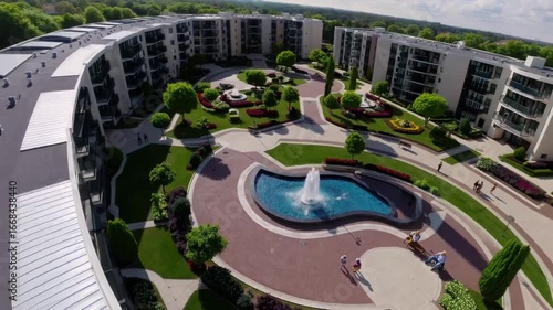 Aerial or Elevated View of Modern Residential Housing Complex or Community Development with Multiple Buildings and Landscaping