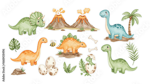 Watercolor illustration featuring dinosaurs, volcanoes, palm tree, bones, eggs, and foliage on a white background.