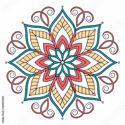 Hand drawn mandala flower with coral and navy colors