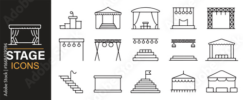Collection of vector stage icons featuring setups for drama, concerts, and live shows.