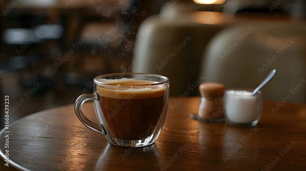 Obraz premium Hot cappuccino in transparent glass cup on table with blurred cafe background.