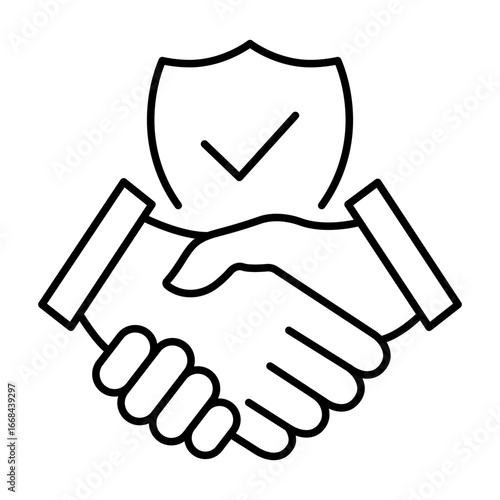 Handshake and shield line icon. Agreement concept with checkmark. Protect secure sign. Trust symbol. Vector isolated on white.