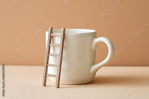 miniature wood ladder resting on the side of a coffee mug