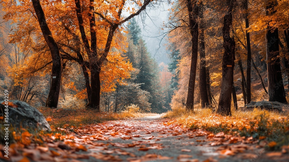 Fototapeta premium An enchanting autumn forest path covered in vibrant orange leaves stretches towards the distant light