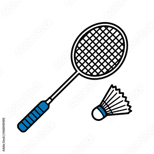 Badminton Racket and Shuttlecock Illustration for Sports and Recreation Concepts Black Outline Design with Blue Accents Isolated on White Background