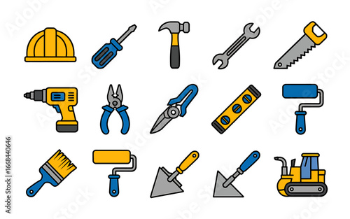 Construction Tools Icons Set Construction Equipment and Safety Gear Illustration for Building Projects Renovation and DIY Enthusiasts Promoting Home Improvement Supplies