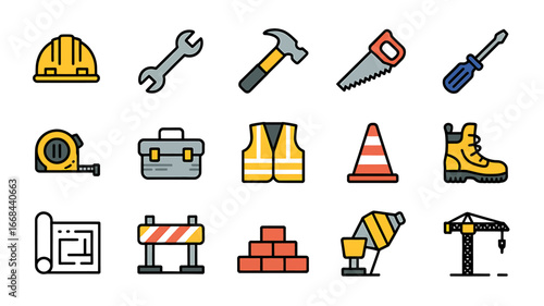 Construction Tools and Equipment Icons Set Featuring Helmet Wrench Hammer and More for Building Projects and Industry Applications