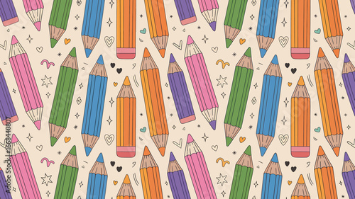 Colorful Pencil Pattern Background Design with Cartoon Style Illustration for Creative Projects and Back to School Concepts
