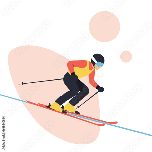 slalom skier in colorful clothing gliding downhill on fresh snow  