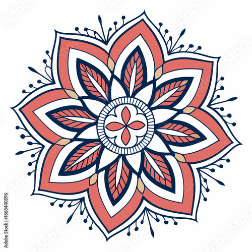 Hand drawn mandala flower with coral and navy colors