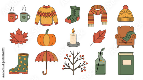 Cozy Autumnal Collection of Illustrated Elements Featuring Warm Drinks Pumpkins Knitted Clothing and Rainy Weather Accessories for Seasonal Projects