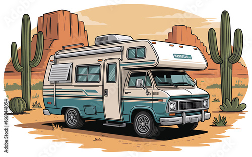 Vintage RV Camper in Desert Landscape with Cacti and Dramatic Mountains for Adventure Travel and Road Trip Concepts