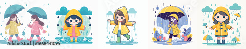 vector of a girl playing in the rain wearing raincoat