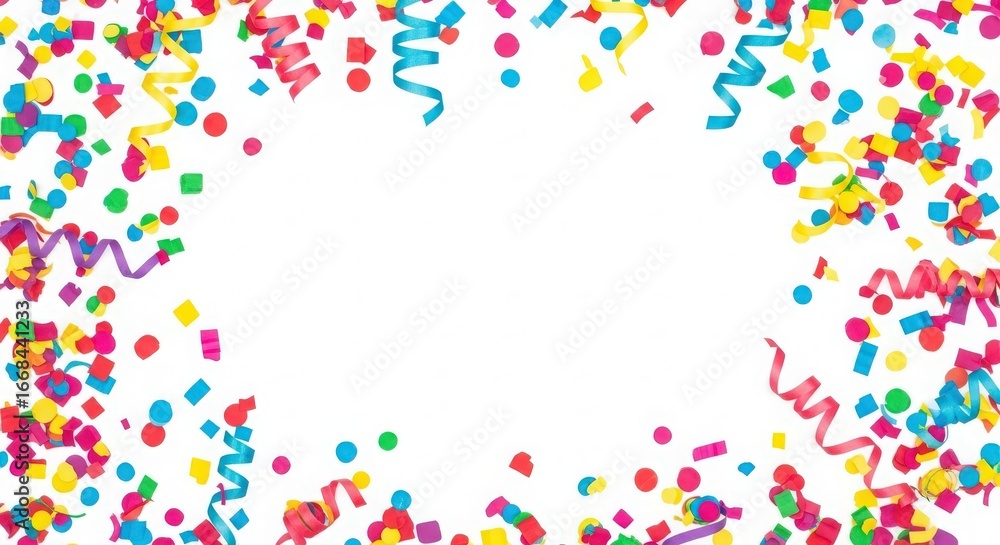 Obraz premium Colorful confetti and streamers framing a blank space for celebration announcements or invitations