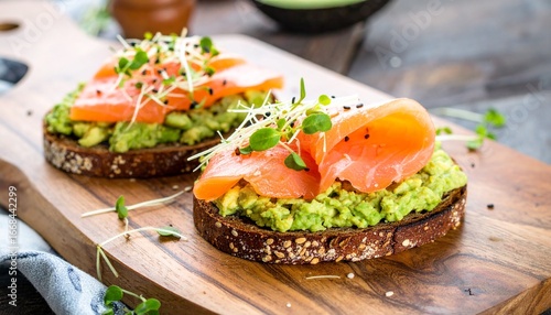 Healthy avocado toast with creamy avocado, fresh sprouts, smoked salmon, perfect brunch and breakfast, nutritious meals, cozy weekend vibes, morning light, gourmet food photo.