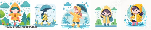 vector of a girl playing in the rain wearing raincoat