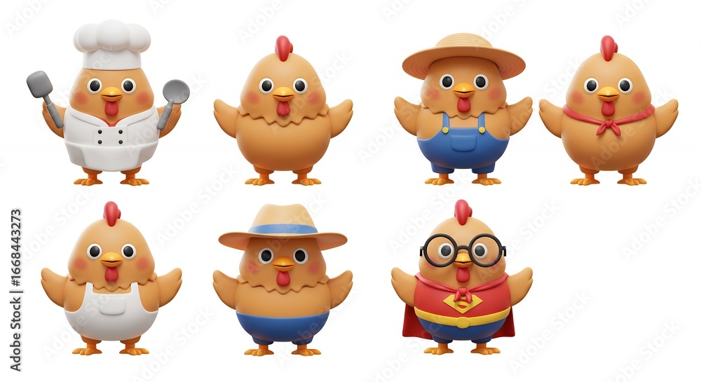 Naklejka premium Collection of cartoon chicken characters in various professions
