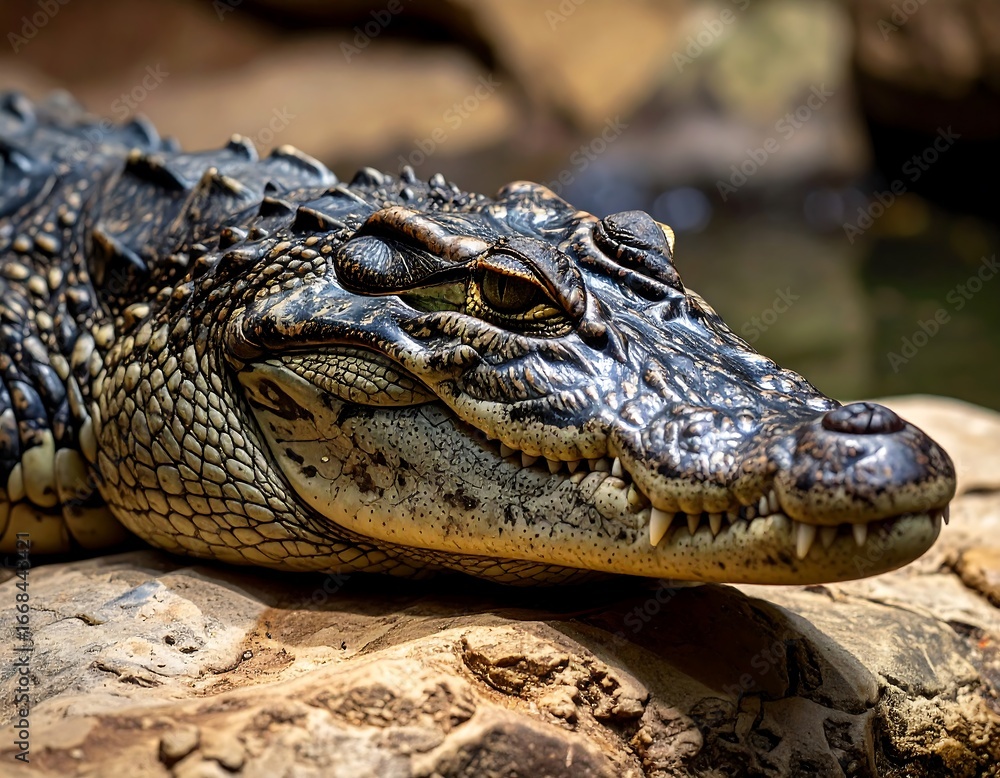 Obraz premium Close-up of a crocodile's head, showcasing intricate scales and sharp teeth resting on a rocky surface.