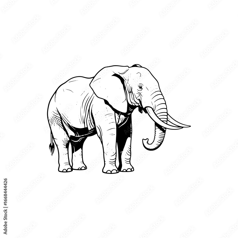 Obraz premium Detailed hand-drawn sketch of a majestic African elephant with large ears and prominent tusks. This black and white illustration captures the power and grace of this magnificent animal, perfect for wi