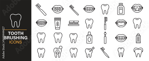 Vector icons of oral care essentials including floss, paste, and toothbrushes.
