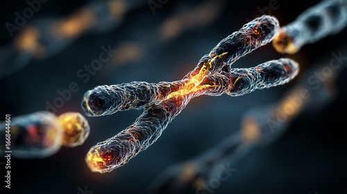 A stylized visualization of a chromosome with glowing caps protecting the telomeres to halt the aging process.