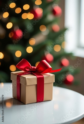 Wallpaper Mural A gift box with a red bow on the background of a Christmas tree with lights, a place for text. Torontodigital.ca