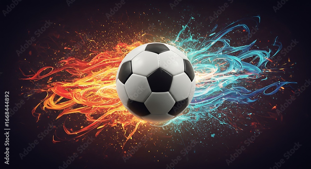 Fototapeta premium Energy waves – a soccer ball surrounded by abstract colorful waves symbolizing motion and power.