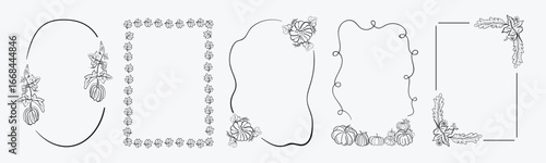 Autumn Pumpkin Frames Clipart a whimsical hand-drawn line art style, Fall Leaf Borders, Hand Drawn Thanksgiving Frames, Botanical Line Art Illustration.