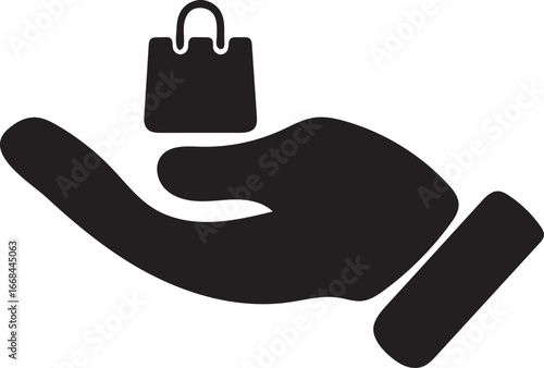 Hand Offering Shopping Bag: Simple Black Icon, Minimalist Style, E-commerce Concept