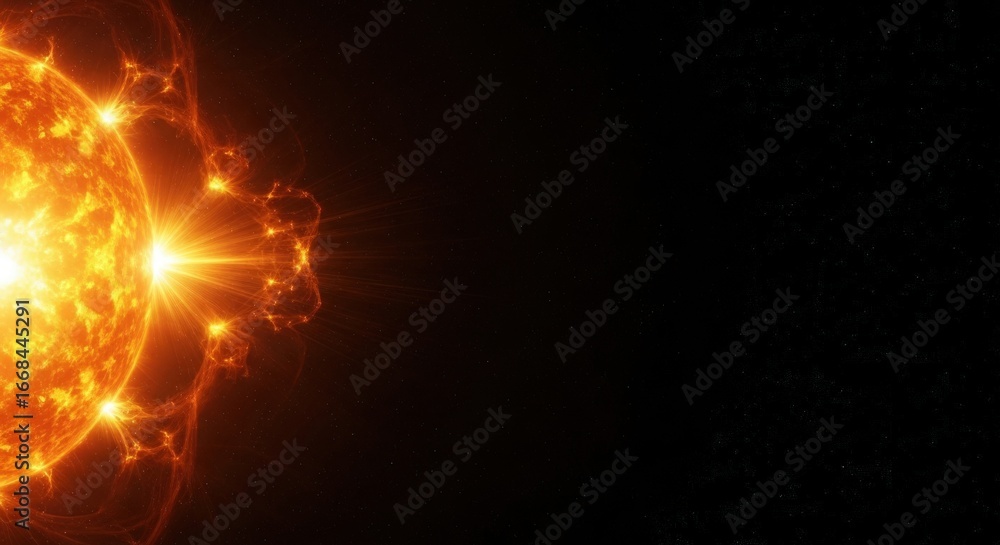 Fototapeta premium Bright solar flare erupting from the sun's surface against a dark cosmic background