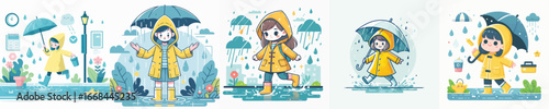 vector of a girl playing in the rain wearing raincoat