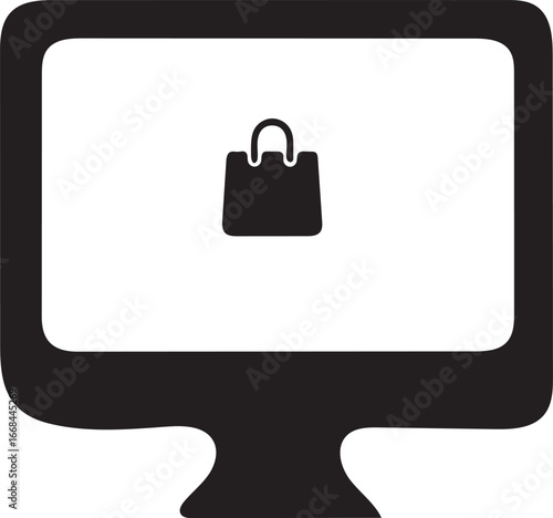Online Shopping Icon: Simple Black Computer Screen with Shopping Bag Symbol