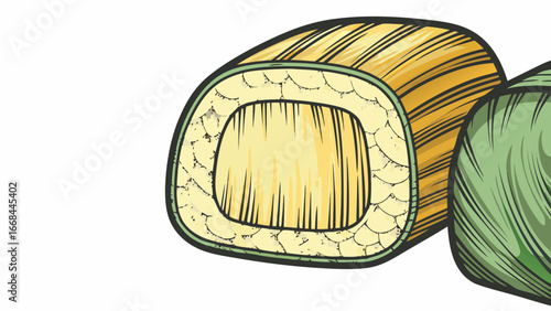 Close up illustration of tamagoyaki sushi roll with visible rice and seaweed wrapper design element