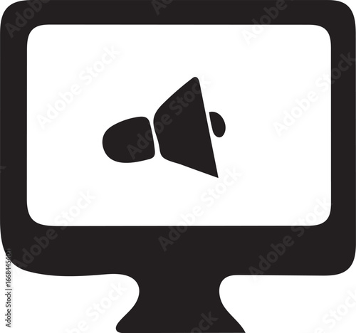 Digital Announcement: Computer Screen Icon, Bold Black Silhouette, Modern Communication Graphic