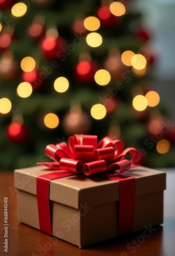 Wallpaper Mural A gift box with a red bow on the background of a Christmas tree with lights, a place for text. Torontodigital.ca