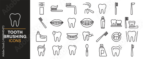 Minimalist line icons of tooth brushing, dental care, and oral hygiene products.