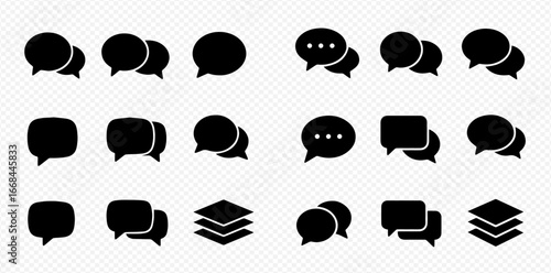 Collection of black speech bubble icons; various shapes and sizes for communication design.