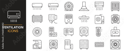 Outline icons of fans, air conditioners, and ventilation systems for modern graphic projects.