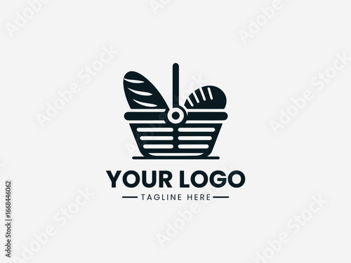 Woven basket filled with fresh bakery items in warm artisanal vector logo