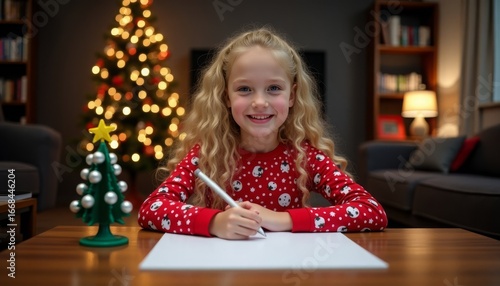 A little girl sits at a table with a pen in her hand and, smiling, writes a letter to Santa Claus. Christmas decor in the room, Christmas tree.